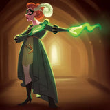 Animated character in a green outfit with a glowing green object in a dimly lit hallway.