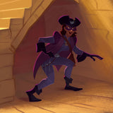 Animated character in a purple outfit with a mask, standing in a warm-toned room.