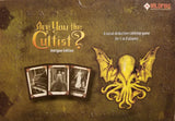 Board game box for 'Are You the Cultist?' with a cultist card and bat-like creature illustration on a dark background.