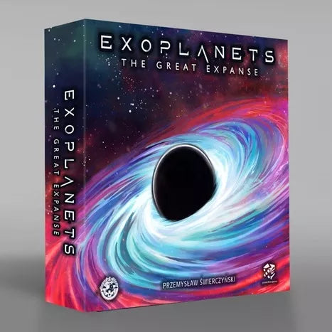 Board game box titled 'Exoplanets: The Great Expanse' with a cosmic design on a gray background
