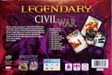 Back cover of 'Legendary Civil War' Marvel card game packaging with game components and text.