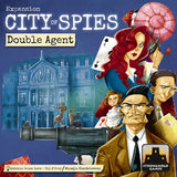 Cover of 'City of Spies Double Agent' expansion with characters and game logo.