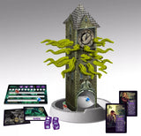 Fantasy clock tower with tentacle-like extensions, surrounded by game components on a gray background