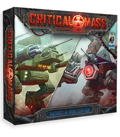 Board game box for 'Critical Mass' featuring two robot figures on a dark background.