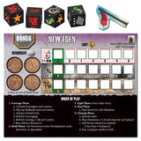 Game components including dice and a board with 'New Eden' branding and game rules.