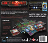 Back of a board game packaging for 'Critical Mass' with game components and branding.