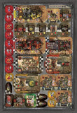 Board game setup with various game pieces and cards on a grid layout