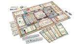 Board game with various pieces and cards on a white background