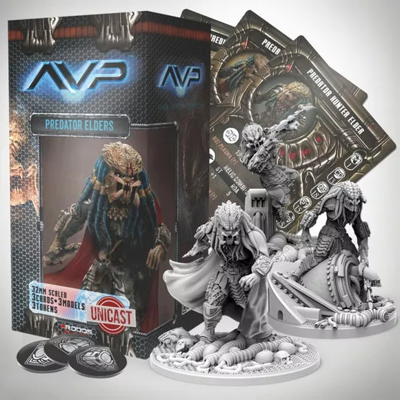 Predator Elders figure set with packaging and cards on a light gray background