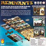 Board game packaging for 'Remnants' with game components and text on a blue background