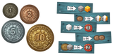 Gold and bronze coins with multiplication signs and numbers on a blue background