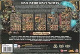 Back cover of a board game box with game maps and character illustrations.