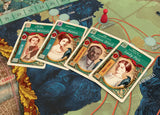 Board game cards with character portraits on a game board