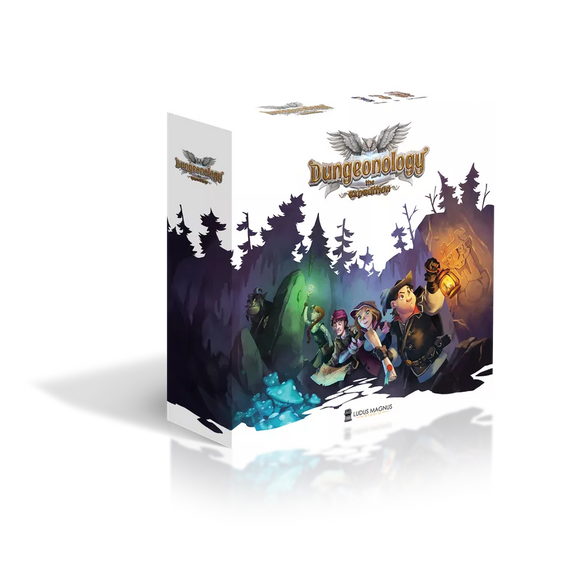 Dungeonology game box with characters in a forest setting on a white background