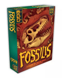 Board game box titled 'Fossils' with a dinosaur skeleton design on a white background