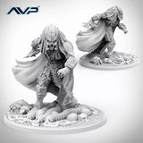 Two gray resin figurines on white bases with 'AVP' logo.