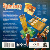 Back of a board game box for 'The Stygian Society' with game components and text.
