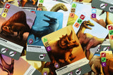 Collection of dinosaur-themed cards with illustrations and text on a colorful background