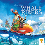 Cover of 'Whale Riders' board game with characters on a whale and icy landscape.