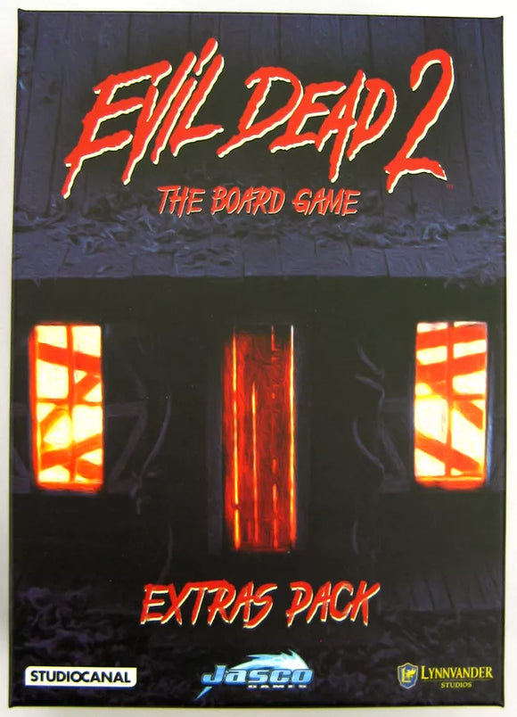 Cover of 'Evil Dead 2: The Board Game Extras Pack' with red text and window design.