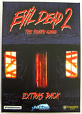 Cover of 'Evil Dead 2: The Board Game Extras Pack' with red text and window design.