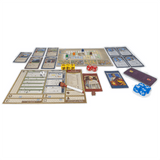 Board game set with various components on a white background