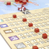 Board game with red cubes on a grid and symbols