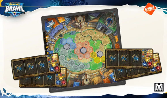 Board game with colorful tiles and a central board featuring characters and symbols, branded with 'Brawl Stars'.