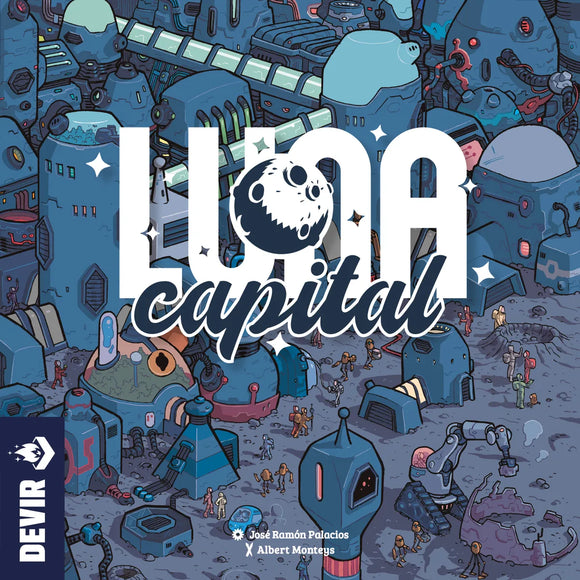 Cover of 'Luna Capital' board game with futuristic cityscape and Devir logo.