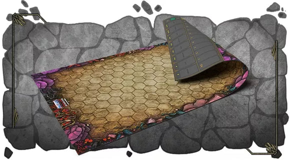 Hexagonal game mat with a rolled-up piece of paper on a stone background