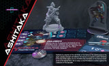 Game component with character figurine, cards, and text on a dark background