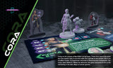 Board game setup with character figures and digital interface on a dark surface