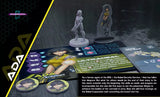 Board game setup with character cards and tokens on a dark surface