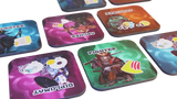 Collection of colorful game cards with various characters and designs on a white background