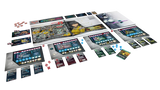Board game components including cards, dice, and a board layout on a white background