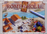 Board game box for 'Rome & Roll' with dice and game pieces on a classical cityscape background.