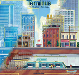Board game cover of 'Terminus' with cityscape and train station illustration.
