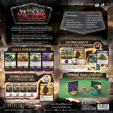 Back cover of Ascension Tactics miniatures deck building game packaging with game components and branding.