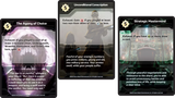 Three game cards with text and graphics on a black background