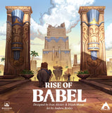 Board game cover of 'Rise of Babel' with temple and elephant illustration.