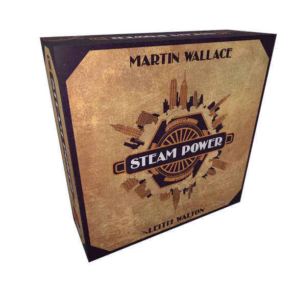 Box for 'Steam Power' by Martin Wallace with a steampunk design on a white background