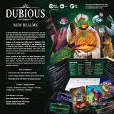 Card game packaging for 'Dubious: New Realms' with character illustrations and game components.