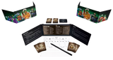 Collection of collectible cards and packaging with a pen on a white background