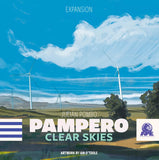 Album cover for 'Pampero Clear Skies' by Julián Pombo with wind turbines and blue sky.