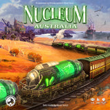 Board game box for 'Nucleum Australia' with a train and Australian landscape illustration.