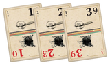 Three playing cards with bullet hole designs and numbers on a white background
