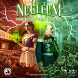 Board game cover titled 'Nucleum: Court of Progress' with illustrated characters and vibrant colors.