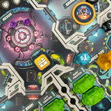 Close-up of a board game with various components and labels