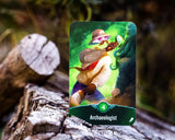 Card featuring an archaeologist character with a green glow on a wooden surface