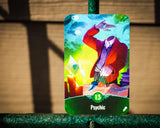 Colorful card with a person in a red coat and purple hat, labeled '13 Psychic', on a wooden surface.